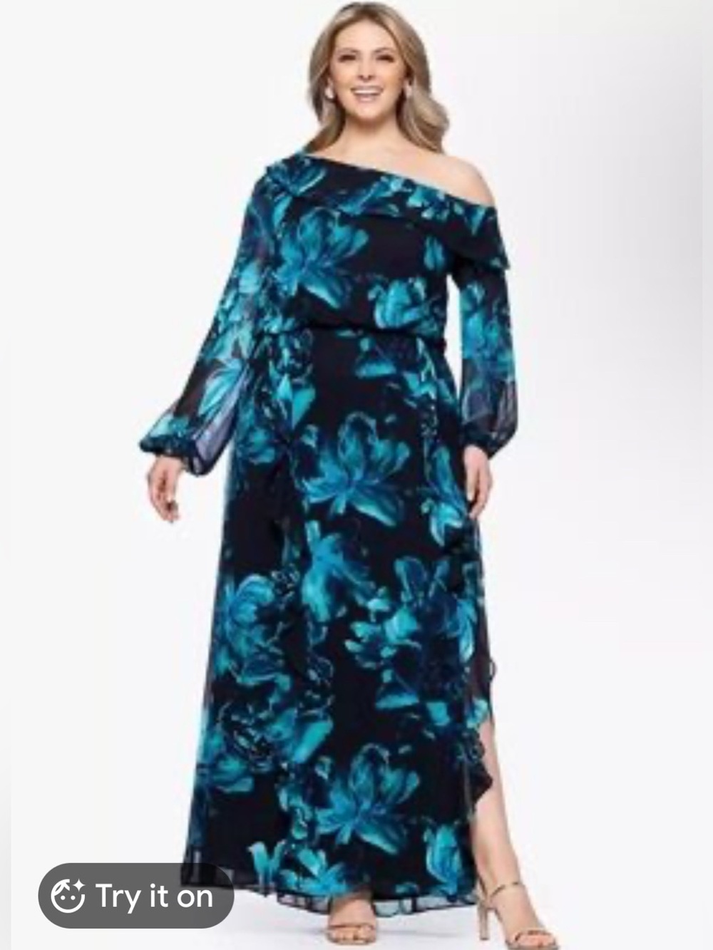 Xscape One-Shoulder Navy Dress with Teal Floral Print